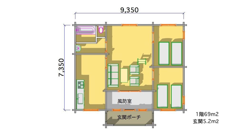 ログハウス間取り図面　74.5